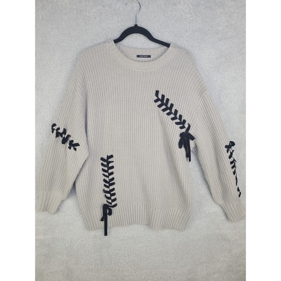 One Way (Japanese fashion brand) Sweaters - One Way Women's Sweater F Beige Knit Pullover Black Ribbon Lace Up Detail Japan